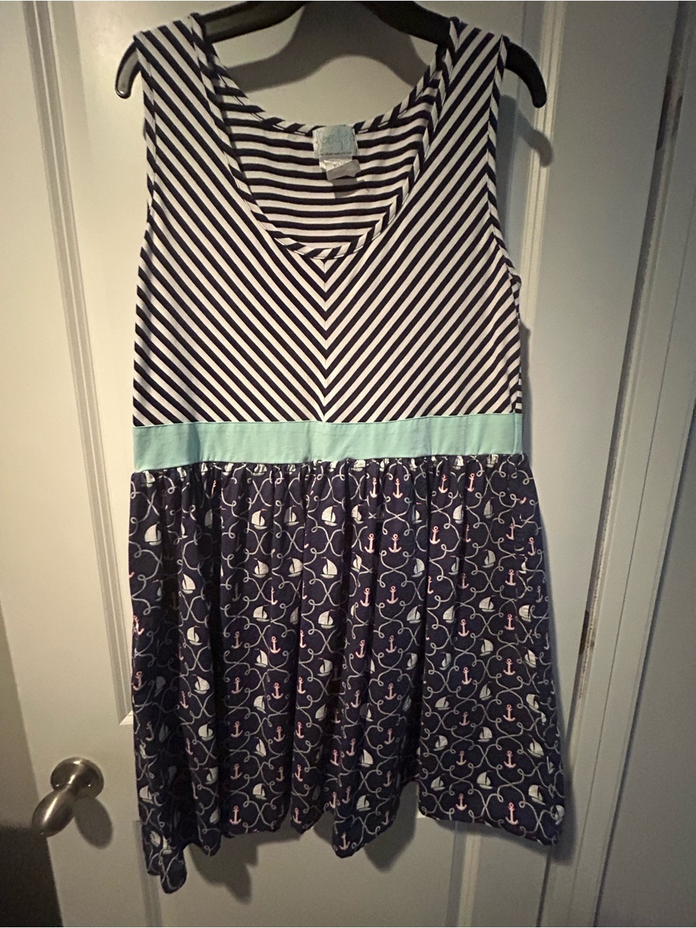 Girls Navy Striped Dress with Mint Waistband and Anchor Print Skirt